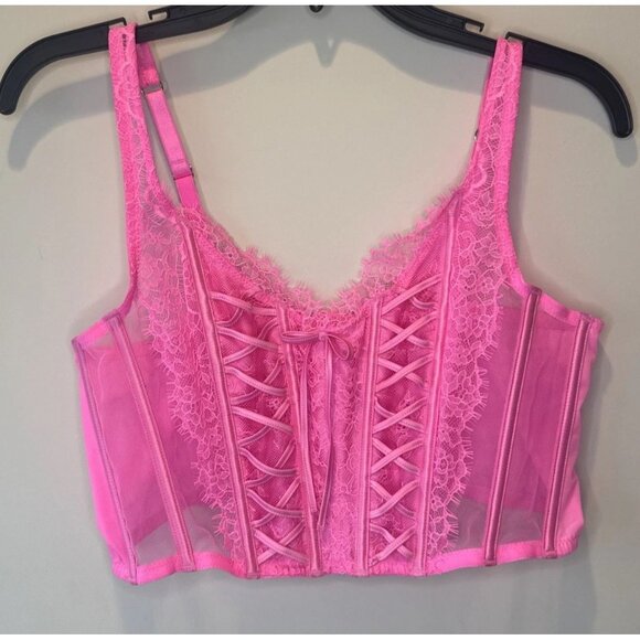 Victorias Secret Hot Pink Lingerie Large Lace Up Corset Bustier Bra Top - Picture 1 of 9